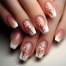 French Tip Press on Nails Short Coffin Fake Nails with Flower Designs Spring Summer Acrylic Nails Glossy Glue on Nails Nude False Nails Artificial Reusable Stick on Nails for Women 24 Pcs
