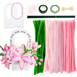 400 Pcs Pipe Cleaners Craft for DIY Flower Making Kit with Floral Wires, Gardening Tape, Stamen & Ribbon (Pink)