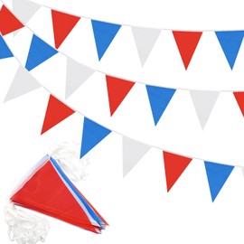 80pcs Waterproof Fabric Bunting,40m Red Blue and White Bunting for Outdoor Garden Party Ve Day Decorations