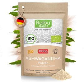 Raibu Organic Ashwagandha Powder 1000 g – Withania Somnifera – 100% Pure Ashwagandha Root Powder – Indian Ginseng in High Organic Quality – No Additives, Made in Germany