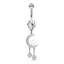Pierced Owl Crystal Paved Crescent Moon and Stars Dangling Belly Button Navel Ring (Silver Tone)