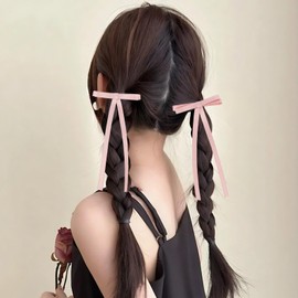 Hotalisona Pink Hair Bows for Women Girls, Pink Tassel Ribbon Bow Hair Clips Barrettes Solid Satin Cute Hair Accessories