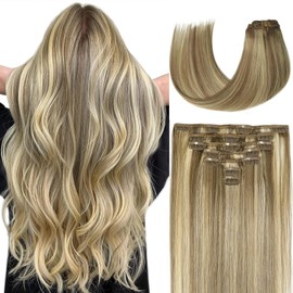 Savasana Clip in Hair Extensions Real Human Hair Straight 7 Pcs Hair Extensions Double Weft Thick Light Blonde Highlighted Golden Blonde 16 Inch 120g
