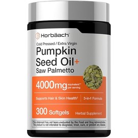 Horbäach Pumpkin Seed Oil with Saw Palmetto 4000mg | 300 Softgel Capsules | Hair and Skin Support for Men and Women | Cold Pressed & Extra Virgin | 3 in 1 Formula with Biotin | Non-GMO, Gluten Free