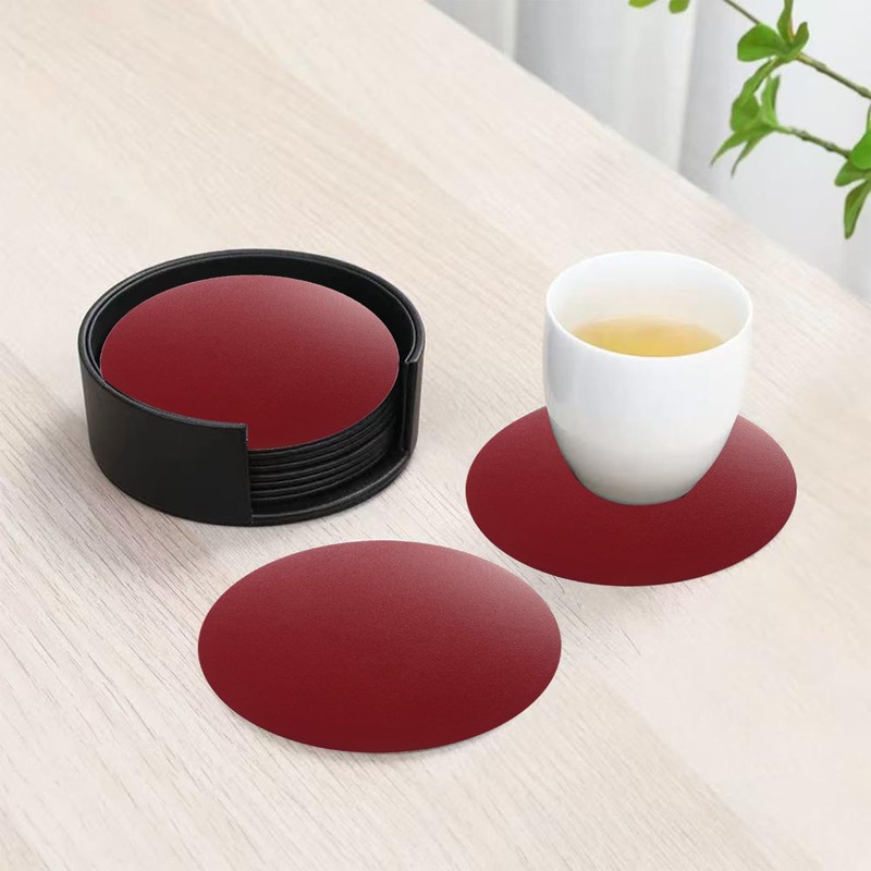 6 PCS Round Leather Coasters, 10cm Dark Blue Leather Coasters,