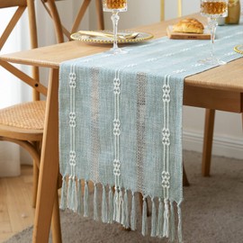 ZeeMart Farmhouse Table Runner, Rustic Table Runners 108 Inches Long, Linen Boho Table Runner, Braided Striped Blue Table Runner for Dining Party Holiday, 14x108 Inches, WideHollow Dusty Blue