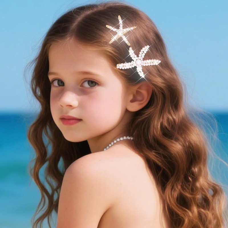 CAKURE Mermaid Hair Clips Pearl Starfish Hair Barrettes Beach Hair