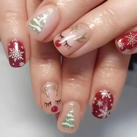 24 Pcs Christmas Press on Nails Short Square Fake Nails Snowflake Xmas Tree Cute Elk Design Full Cover Nude Acrylic False Nails Xmas Artificial on Nails Holiday Nail Art Accessories for Women
