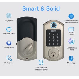 Smart Deadbolt Lock, SCYAN D7 Fingerprint Deadbolt with Touchscreen Keypad, Keyless Entry Door Lock, Auto Locking, for Home, Airbnb, Rental House (Satin Nickel)