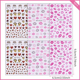 HIFANMM Valentines Day Nail Art Stickers Decals, Love Lip Nail Decorations, 3D Self-Adhesive Pink Red Leopard Lips Hearts Nail Supplies, Valentines Nail Accessories for Women Girls 6 Sheets