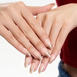 Press On Nails Medium - French Supremely Fit & Natural Soft Gel Glue On Nails with Nail Glue, Reusable Stick On Nails in 12Sizes -24 Fake Nails Kit, Pink Sparkle