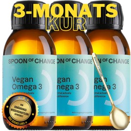 3-Monatskur Premium Omega-3 Algenöl Vegan - Hochdosiert - mit Zitrone - DHA & EPA - Wissenschaftsbasiert, Laborgeprüft - Nachhaltig - Mit Vitamin D3 fürs Immunsystem - Spoon of Change®