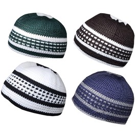 Set 4 Assorted Color Muslim Beanie Skull Skull Cap AMN-260 Islam Crochet Takke Kufi Hat Eid Ramadan Gift (Men Size)