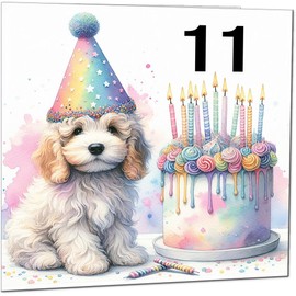 11th Kids Birthday Card - Cute dog watercolour rainbow Birthday Card for 11 Year old Kids eleven, eleventh