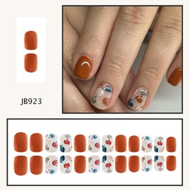Cute Fall Press on Nails Short Square Fake Nails with Multicolor Pumpkin Designs Thanksgiving False Nail Autumn Gloss Acrylic Stick on Nail for Women 24Pcs