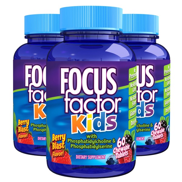 Focus Factor Kids Complete Daily Chewable Multivitamin & Neuro Nutrient Brain Function w/Vitamin B12, C, D3, Berry, 60 Count, Pack of 3