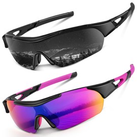 KALIYADI Sports Sunglasses for Men, Upgraded Polarized Sunglasses Men UV400 Protection for Cycling Driving 2 Packs (Grey/Purplish Red)