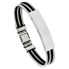 Sabrina Silver Stainless Steel Cable Bracelet ID Plate Black Rubber Accent, 8 inch Long