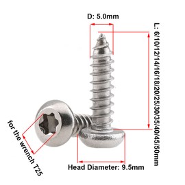 Qrity 50PCS M5x20mm Self Tapping Screw, Torx Pan Head Screws, Stainless Steel Round Head Self Drilling Screws