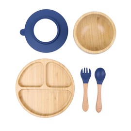 KhaNoor Bamboo Toddler Plate & Bowl Set with Strong Suction – Includes Plate, Bowl, Spoon & Fork – Baby Plates with Suction for Baby Led Weaning, Kids Feeding Essentials, Non-Toxic & BPA Free