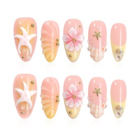 HOMSERA Medium Almond Fake Nails Handmade Press on Nails with 3D Flowers Starfish Water Ripple Design, French Tips Acrylic Glue on Nails for Women, Summer Beach Vacation Manicure Set