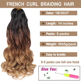 COOKOO 14 Inch 9 Packs French Curls Crochet Hair Pre-Stretched Loose Wave Braiding Hair Ombre 3 Tones Loose Curly Braids Precurled Braids Hair Extentions for BOHO Box Braids 1B/30/27#