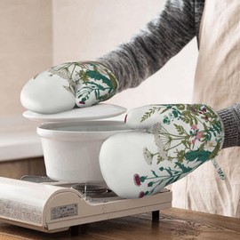 Herbs and Wild Flowers Oven Mitts and Pot Holders Sets of 4, Colorful Botanical Silicone Oven Mitts Heat Resistant, Non-Slip BBQGloves for Chef Kitchen Cooking Baking Grilling Microwave