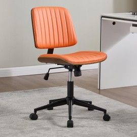 VipDesk Small Home Office Chair - Armless Mid Back Desk Chair with 360° Swivel and Wheels, PU Upholstered Height Adjustable Modern Walnut Computer Chair for Home, Office Meeting Room - Orange