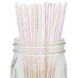 N//C Iridescent White Papers Straws, 7.75'' Cocktail Drinking Straws For Party Pack Of 100