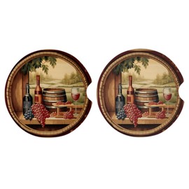 Snatocys 2 Pack Car Cup Holder Coaster, 2.68 inch Anti Slip Insert Absorbent Wine Bottle Ceramic Car Coaster with Cork Base and Finger Notch, Car Accessories Interior, Wine Country