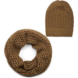 styleBREAKER knit loop scarf and hat set, hole pattern knit scarf, knitted beanie hat, winter, unisex 01018210, color:Cognac