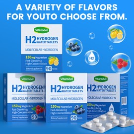 H2 Molecular Hydrogen Water Tablets - Hydrogen Tablet for Drinking Water, High Potency H2 Formula, Antioxidant Support, Fast Dissolving Hydrogen Water Enhancer, 180 Tablets (Lemon)