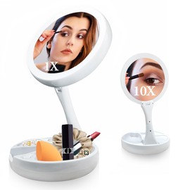 COTIACCV Espejos para Maquillaje, Espejo con Luz, Espejo de Aumento Double Sided 1X/10X, Plegable y Portátil, Carga USB, Utilizarse como Pequeña Lámpara Sobremesa, Nocturna y Luz de Viaje.
