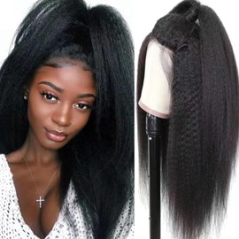 Human Hair Wigs 4x4 Lace Front Wig 14 Inch Kinky Straight Human Hair Wig 150 Density HD Lace Frontal Wigs Pre Plucked with Baby Hair Natural Color for Black Women