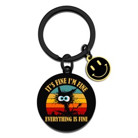XzmaaoX Funny Keychains For Women Men Black Cat Gifts For For Coworkers Friends Cat Lovers Gifts Birthday Christmas It's Fine I'm Fine Everything Is Fine Keychain Gifts