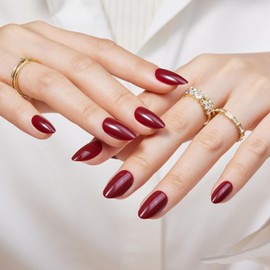 FYB Press On Nails, Short Almond Nails, Fake Nails Kit, With Glue (01-Burgundy, 30 Pcs)