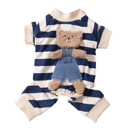 AIMALL Cute Bear Striped Four-Legged Pet Clothes for Spring and Autumn, Thin Comfortable Cotton Home Wear for Puppies and Cats