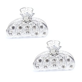 Luxxii - (2 Pack) 2" Mini Vintage Metal Crystal Rhinestone Hair Jaw Claw Clip (Silver Tone_B)