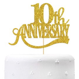 Gold Glitter 10th Anniversary Cake Topper - Happy 10th Wedding Anniversary / Birthday Party Decorations