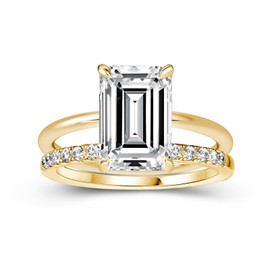 Effinny 3.5ct Elongated Emerald Cut Wedding Ring Set,Solitaire Engagement Ring with Half Eternity Wedding Band,14K Yellow Gold Plated 925 Sterling Silver Bridal Ring Set, Sterling Silver, Cubic