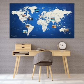 World Map XXL 51 x 28 inches, Fleece Wall Hanging as Travel Pin Board in Modern Wall Art Design, 20 Flag Push Pins Included