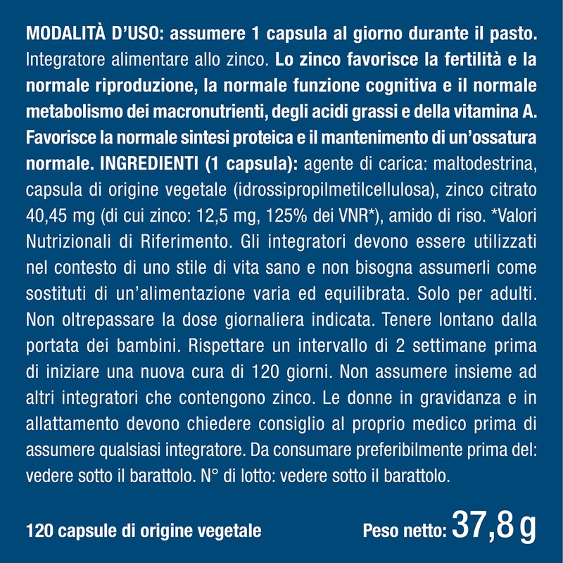 Zinco Citrato | 12,5 Mg Di Zinco Elemento Per Capsula