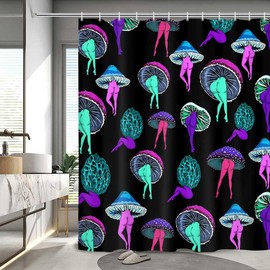 Funny Hippie Psychedelic Mushroom Shower Curtain Bathroom Decor, Cute Butt Tattoo Vegetarian Botanical Vegan Flash Mushroom Bathroom Curtain, Fabric Shower Curtain Sets with Hooks 69x70inches (Black)