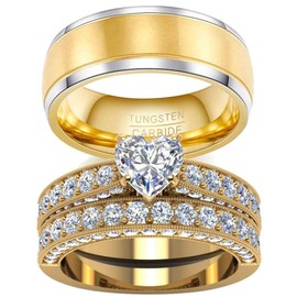 Ringheart 2 Rings His and Hers Couple Rings Bridal Sets Yellow Gold Filled Heart Cz Womens Wedding Ring Sets Tungsten Carbide Man Wedding Bands