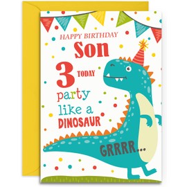 Son 3rd Dinosaur Birthday Card - Medium Sized Card (A5 Size -148mm x 210mm) with Yellow Envelope