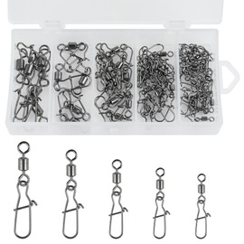 VATEICO Rolling Swivel Snaps,45pcs Kit High Strength Fishing Snap Swivels Stainless Steel Safety Duo-Lock Snaps Corrosion Resistance Barrel Swivel Lure Connector for Saltwater Freshwater Mix Size