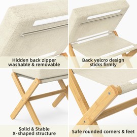 BAMBOOHOMIE Foldable Foot Stool Ottoman, Modern Foot Rest with Bamboo X Legs & Thick Foam Cushion, Folding Foot Stools Small Padded for Bedroom Living Room, Makeup Vanity Stool Chair (Natural - Beige)