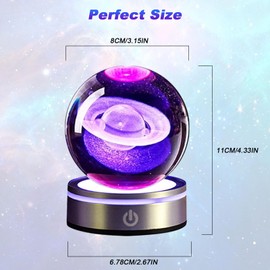 mumisuto 3D Planets Crystal Ball, Crystal Ball 3D Engraved Miniature Model, Glass Ball with Lamp Base, Luminous Crystal Ball Ornament, Astronomy Gifts for Kids (Saturn)