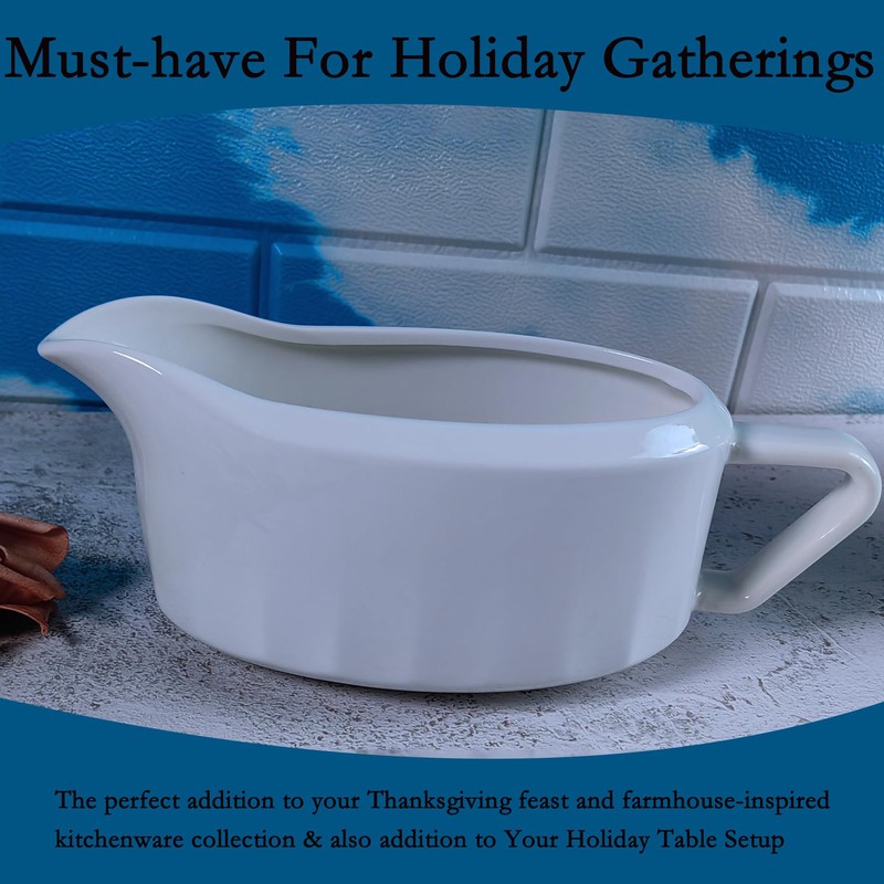 Large White Ceramic Gravy Boat, 710ml Capacity, Farmhouse Style Serving