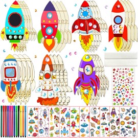 FZYESNO Rocket Toy for Children, DIY Creative Set with 7 Models, 183 Wooden Craft Set Children, Children's Birthday Crafts, Wooden Craft Sets for Children, Space Children's Birthday, Wood Crafts from